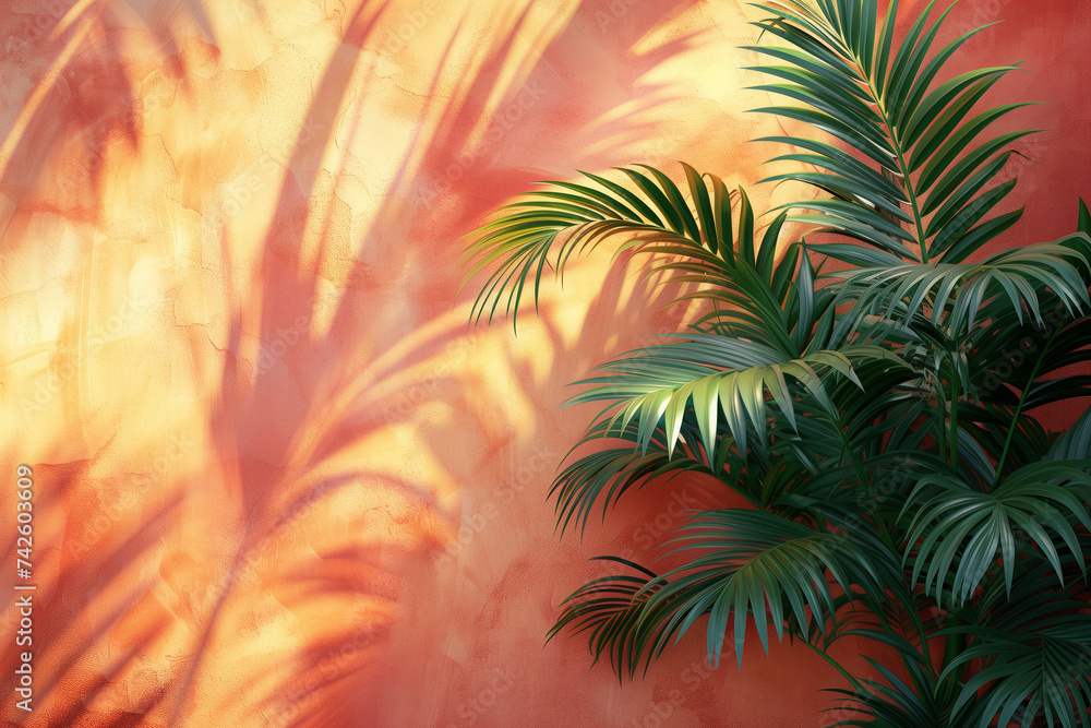 Poster a palm tree stands in front of a vibrant red wall, creating a striking contrast in this urban settin