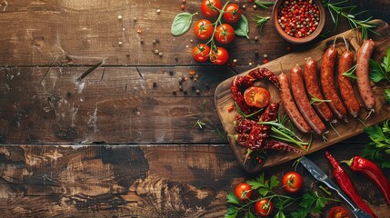 Wooden board with tasty sausages on table
