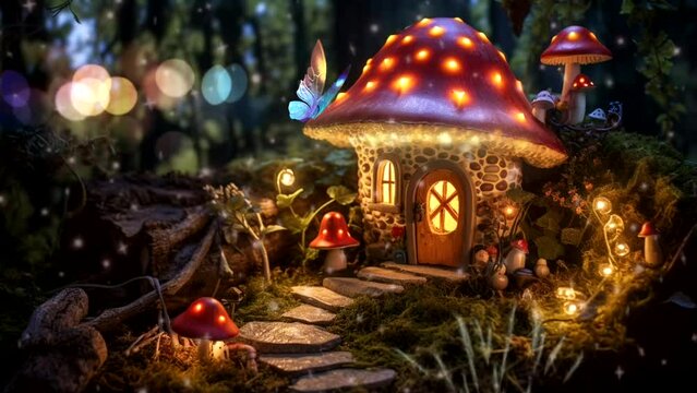 Loop animation. Lights and butterfly. Loop 24 seconds video. Mushroom house animation in the middle of a fairy tale forest, 