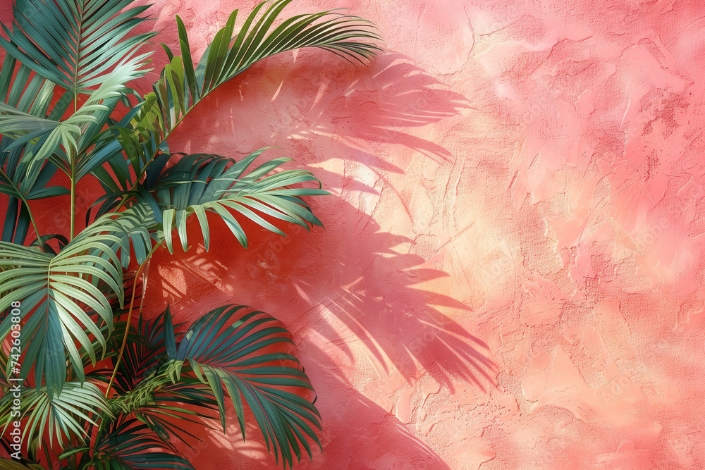 Poster a palm tree casting a shadow on a pink wall, creating a striking visual contrast with a minimal and 