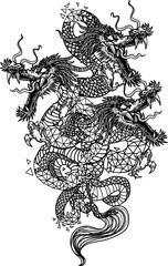 Tattoo art three headed dragon fly hand drawing sketch black and white