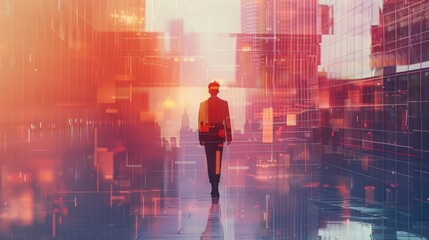 Plakat Back view of young businessman walking on abstract city background. Success and development concept. Double exposure