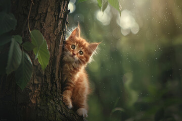 Beautiful little ginger kitten looking from behind a tree among green vegetation with space for text or inscriptions
 - Powered by Adobe