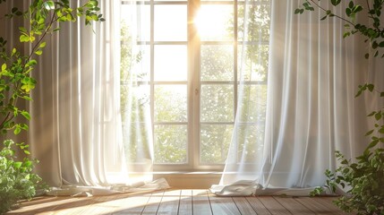 Fototapeta premium Bright morning sun in the open window through the curtains