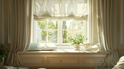 Bright room interior, curtains, white window sill, pillows, plaster.