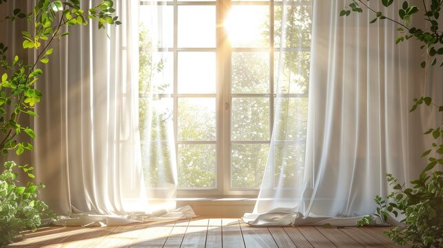 Bright morning sun in the open window through the curtains