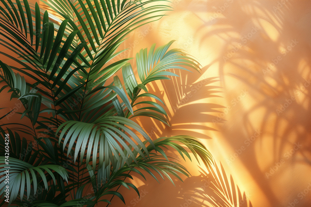 Poster a close up of a palm tree casting a shadow on a wall, creating a tropical abstract background with c