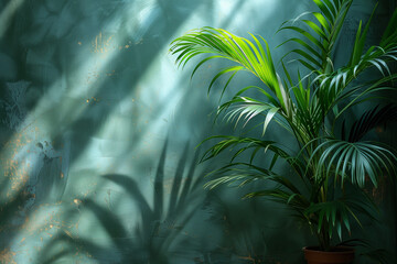 A green potted plant sits in front of a window, casting a shadow on a neutral background. Copy space available