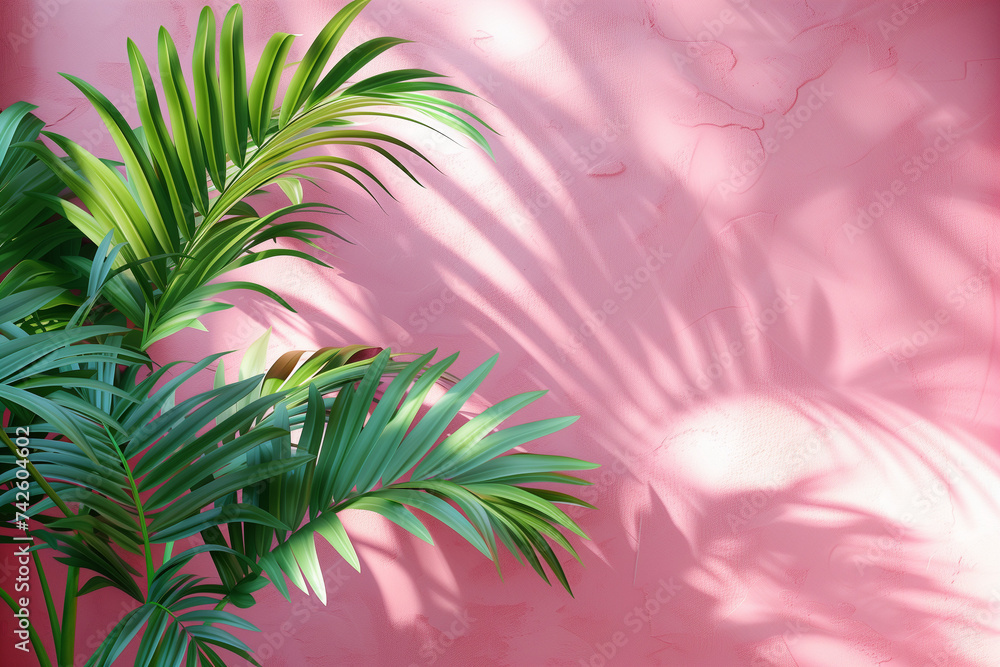Poster a pink wall with a palm tree next to it, creating a contrast of colors and textures in an urban sett