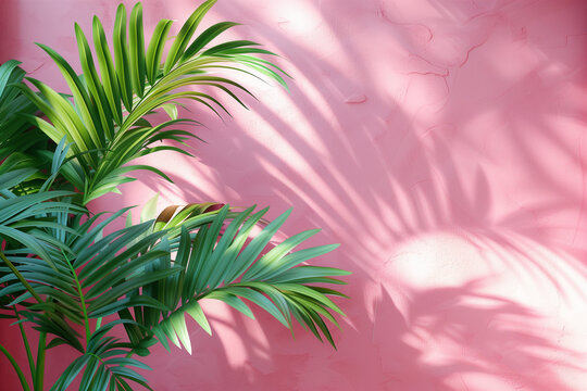 A pink wall with a palm tree next to it, creating a contrast of colors and textures in an urban setting, with copy space