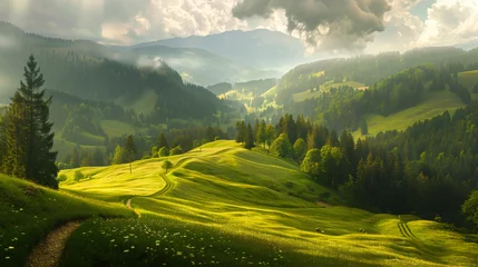 Papier Peint photo Lavable Kaki Mountain landscape with green grass.