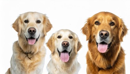 collection of three dogs happy golden retrievers set portrait sitting and standing isolated on white background as transparent png animal bundle