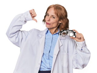 Mid-aged Caucasian optometrist in studio feels proud and self confident, example to follow.
