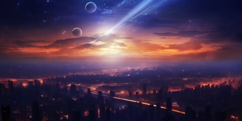 Futuristic city in night lights with galaxy planets