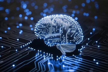 AI Brain Chip neuronal. Artificial Intelligence multi human data analytics mind circuit board. Neuronal network mindfulness practice computer processor distributed feedback laser - obrazy, fototapety, plakaty