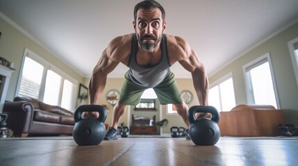 Latino man doing strength training at home with 2 kettlebells