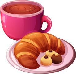 Croissant with chocolates on white plate and cup of hot drink. Concept of breakfast, French pastries. Vector illustration