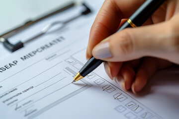 A person's hand poised over a blank page, the ball pen ready to capture their thoughts and ideas onto the smooth surface of the notebook, surrounded by other office supplies, symbolizing the power of