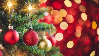 christmas tree in red background ornament and abstract defocused lights