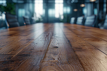 Empty wooden table in meeting room or office with space for product, text or inscriptions

