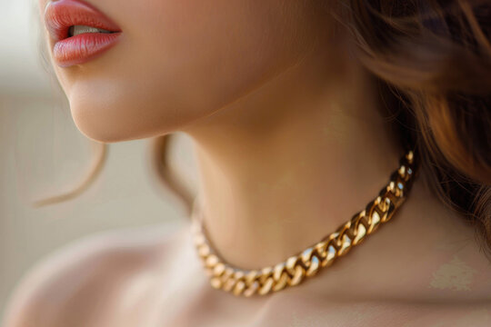 Close-up of a young woman wearing an elegant golden chain necklace on a neutral background