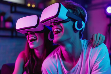 Happy young couple having fun with VR glasses on their heads in a room lit with pink and blue lights, close up view
