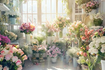 A charming flower shop full of roses and mixed flowers in soft pastel colors