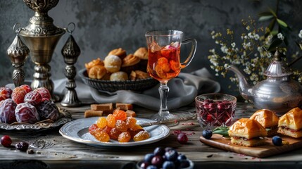 Fototapeta na wymiar Ramadan kareem Iftar meal with dates, baklava, traditional Arabic sweets, fruit, Arab tea and rose sherbet beverage - Eid Ul Fitr - generative ai