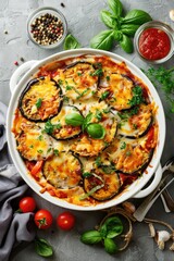 Fototapeta na wymiar Eggplant casserole with cheese and tomato sauce in a white baking dish on a gray background with ingredients for cooking. Vegetarian healthy food