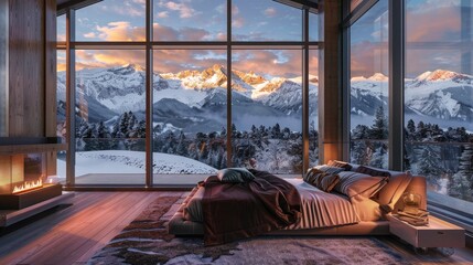 Panoramic view from stylish modern bedroom to winter snowy mountains at sunrise