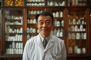 Portrait of doctor in front of traditional chinese medicine cabinet - obrazy, fototapety, plakaty