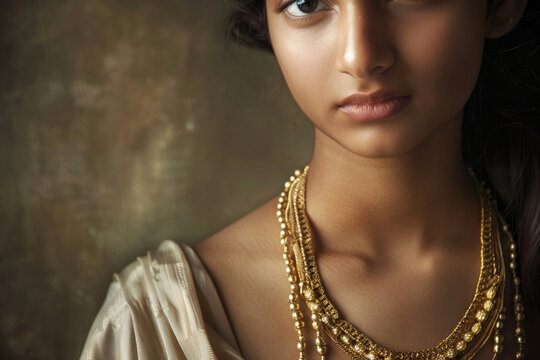 A young woman wearing an elegant golden necklace