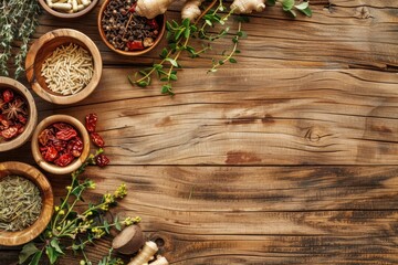 Traditional Chinese herbal medicine selectionon wooden background