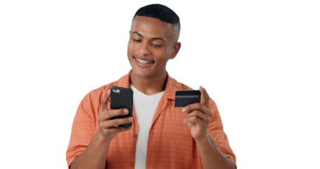 Man, credit card and smartphone with smile for online shopping, gambling or ecommerce with discount. Person, technology and payment with banking app on isolated, transparent and png background