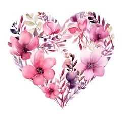 Watercolor heart framed by blossoming flowers, ideal for love-themed projects. Ideal for Valentine's Day, wedding invitations