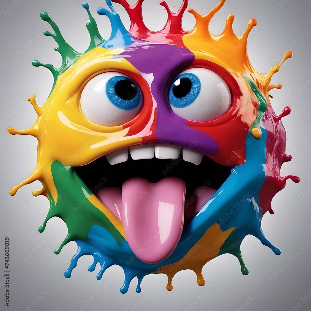 Poster an explosion of colorful splashes forms a joyful face, with vibrant hues of paint creating a lively 