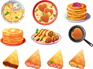Set of delicious pancakes with various filling, chocolate, berries, syrup, honey, sour cream. Vector illustration of breakfast