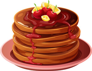 Stack of chocolate pancakes with fruit poured with syrup. Vector illustration for Pancake Day and breakfast