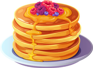 Stack of fluffy pancakes with berries, poured with honey or caramel. Side view. Vector illustration of delicious food