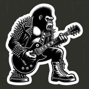 gorilla playing electric guitar instrument wearing leather jacket illustration