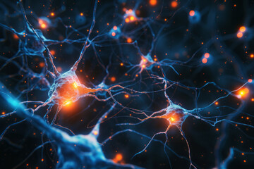 Neurons activity. Synapses and axones transmitting electrical signals. Human neural connections background
