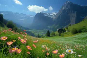 Fototapeta premium Colorful flowers bloom in a field against a backdrop of majestic mountains under a clear sky