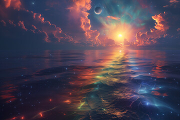 A painting depicting a colorful sunset over a reflective body of water, with a rainbow light flowing into the ocean. Ideal as a wallpaper with ample copy space