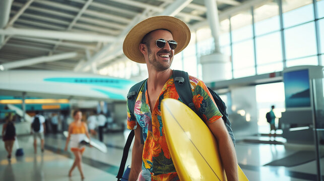 Man walking across the airport and carrying a surfing board