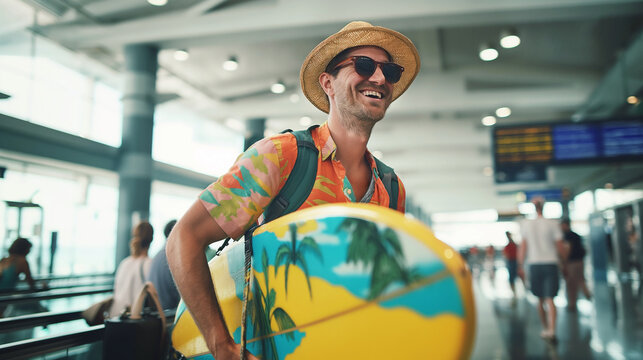 Man walking across the airport and carrying a surfing board