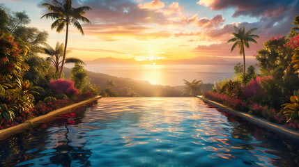 Sunset at a luxurious infinity pool, embodying the ultimate relaxation and beauty in tropical resort living
