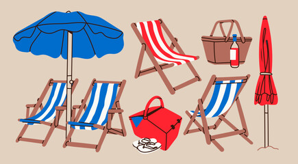 Summer beach set. Beach chairs, wooden deck chair, sun umbrella, picnic basket, sunbed. Hand drawn Vector illustration. Trendy unique style. Isolated design elements. Vacation, relax, holiday concept - 742612682