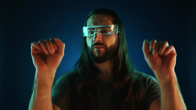 A man with exceptionally long hair engages with a cutting-edge cyberpunk interface, his gesture suggests a seamless blend between human and virtual connectivity. Camera 8K RAW.