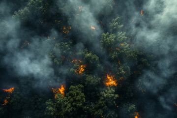 Burning green forest with smoke around aerial view, climate problem global warming
 - obrazy, fototapety, plakaty