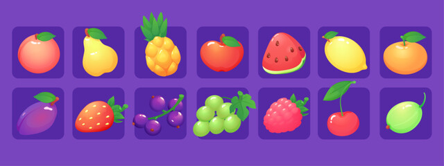 A set of game icons of fruits and berries:apple, strawberry, raspberry blackberry, currant, peach, watermelon, grapes, plum, cherry, pear, tangerine, gooseberry, black currant, pineapple, lemon.